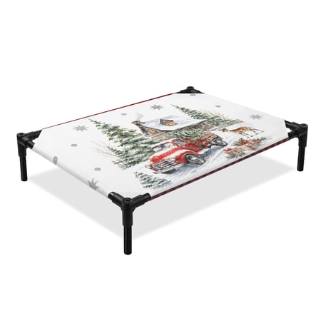 Christmas Elevated Dog Bed Snowy Winter Country Truck Deer Farmhouse Red Plaid Cooling Breathable Outdoor Raised Dog Cot Bed with Metal Frame Non-Slip Feet for Medium Dog 24x20in