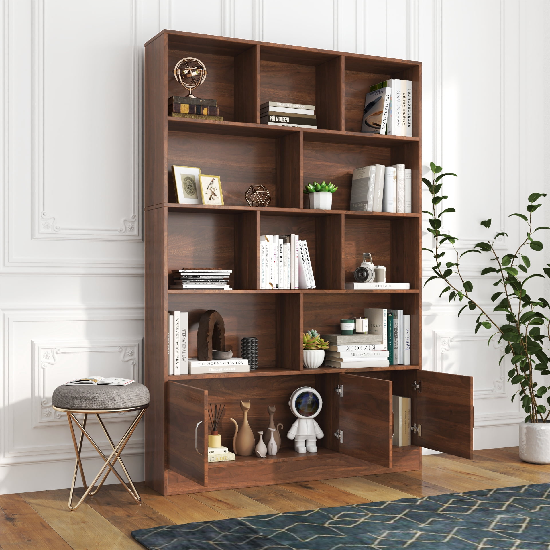 70.87" Tall Bookshelf 10-Cube 4-Tier Open Shelf Bookcase with Cabinet, Black