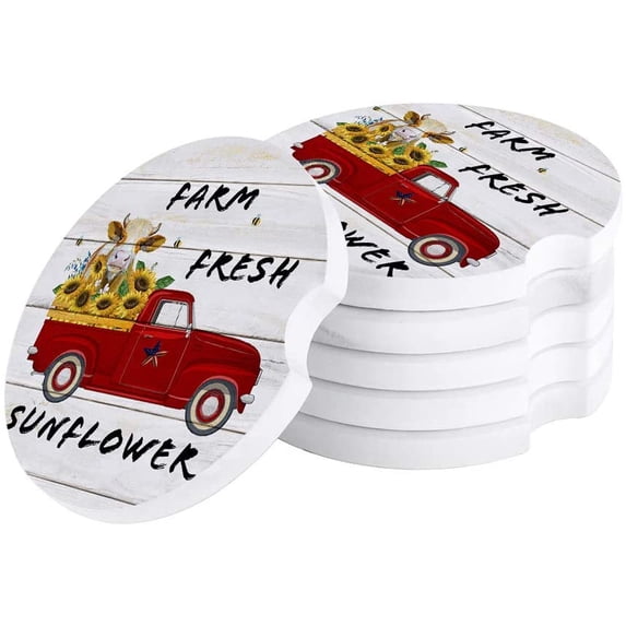 KXMDXA Farm Vintage Truck Cow and Sunflower on Wood Plank Set of 2 Car Coaster for Drinks, Absorbent Ceramic Stone Coasters Cup Mat with Cork Base for Home Kitchen Room Coffee Table Bar Decor