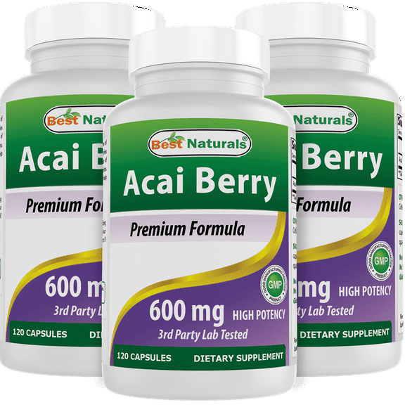 3 Pack Best Naturals Acai Berry 600 mg 120 Capsules