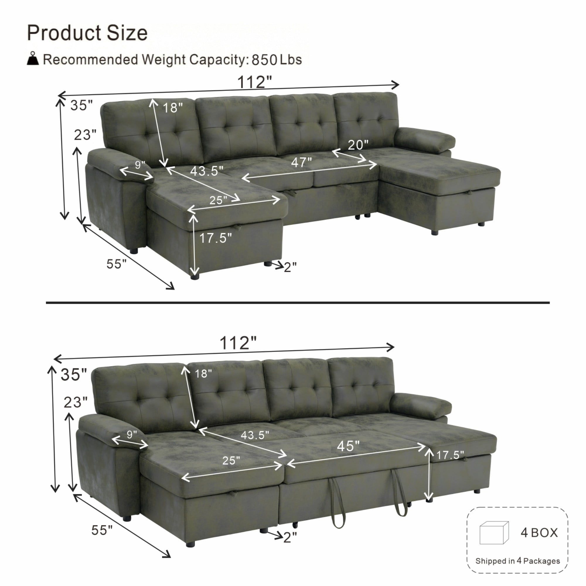 BSHTI 112" Polyester Fabric U-Shaped Sectional Sleeper Sofa Bed with Pull-Out Bed,Tufted Back Cushions and Storage Chaise for Living Room(Olive Green)