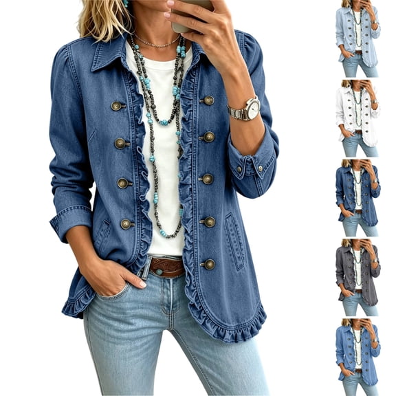 OIOLOYJM Womens Denim Jacket Ruffle Trim Vintage Long Sleeve Button Down Western Coat Collared Oversized Casual Outdoor Retro Jean Jackets
