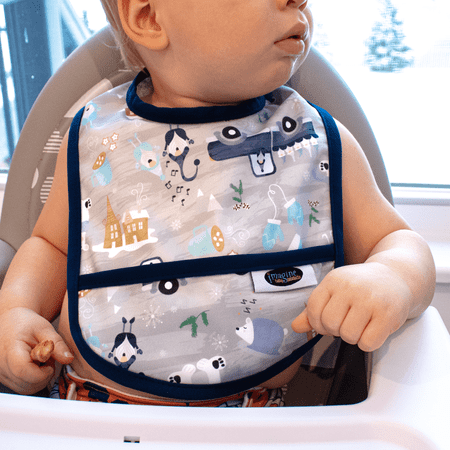 

Imagine Baby Products Waterproof Bib | Adjustable Feeding & Drooling Bibs for Babies | Snap-On Machine Washable Bib with Pocket to Catch Spills | Variety of Fun Patterns (Gnome is Where the Heart is)