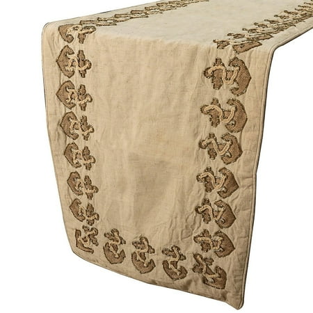 

Designer Beige Handmade Table Runner 14 x 36 inch Beaded Embroidery Table Runner on Linen fabric - Anchor Hold