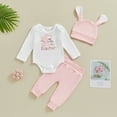 thumbnail image 2 of Bagilaanoe 3pcs Newborn Easter Outfits Baby Girl Pants Set Long Sleeve Embroidery Romper Tops + Leggings + Hat 3M 6M 12M 18M Infant Casual Clothes, 2 of 8