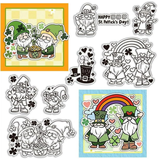 Juego de 8 sellos transparentes del Día de San Patricio, sellos de silicona con diseño de elfos enanos y trébol de cuatro hojas.