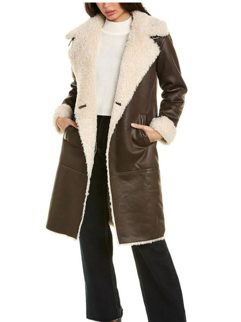 NVLT ESPRESSO Women's Shearling Double Breasted Long Coat, US