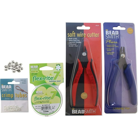 The Beadsmith Crimper Mega Kit, Includes Crimp Forming Pliers, Cutter, 2x2mm Crimp Tubes, 3mm Crimp Bead Covers & 7-Strand FlexRite Wire, Create Rounded Crimps Every Time, No Sharp Edges