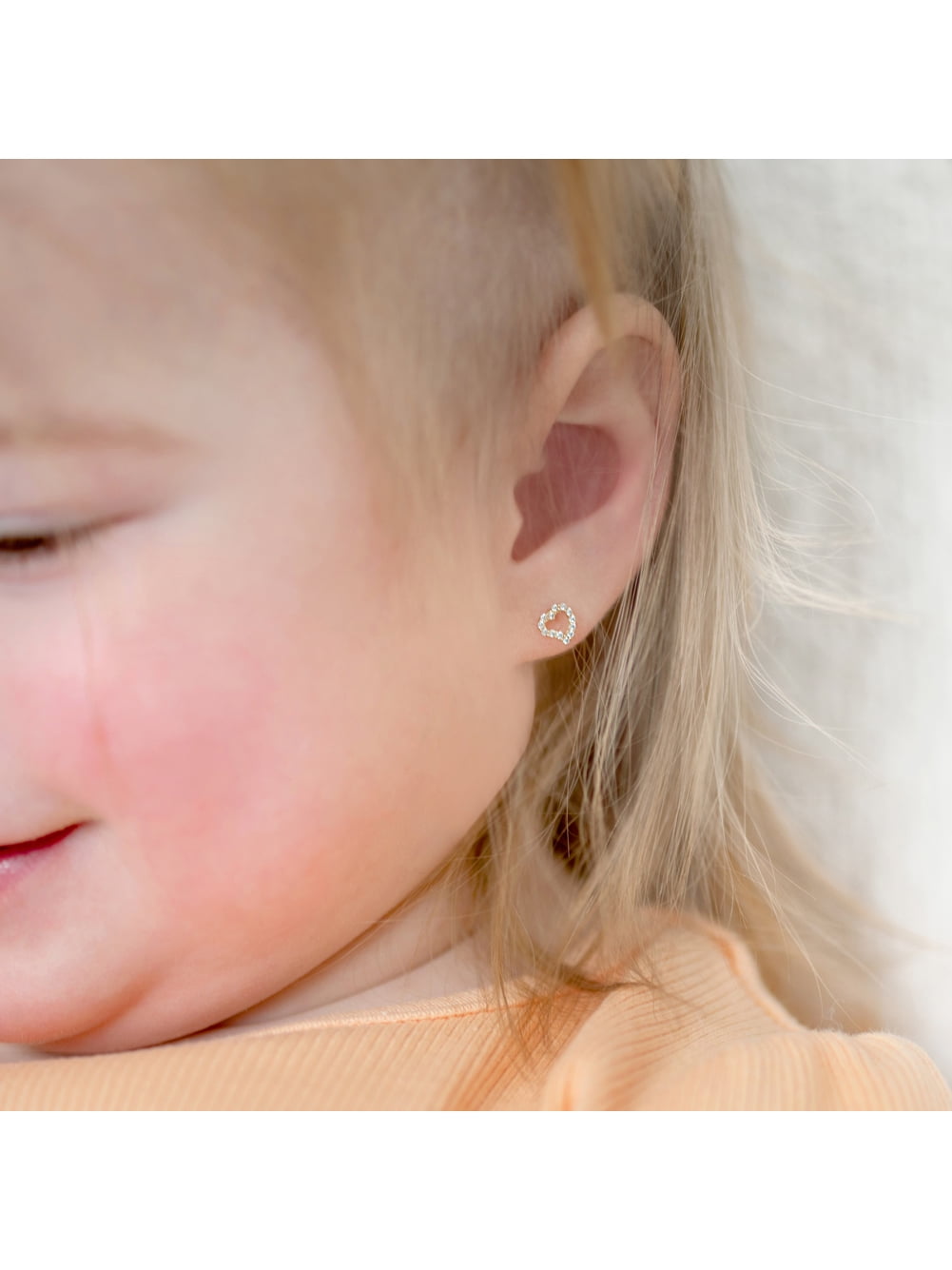 14k Gold CZ Encrusted Heart Clear Baby / Kids Earrings Safety Screw Back