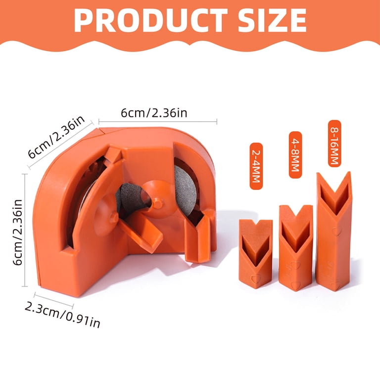 Multipurpose Drill Bit Sharpener – 3 Holders For 2-16mm Bits, Also Sharpens Kitchen Slicers & Cutting Tools – Compact Orange Design