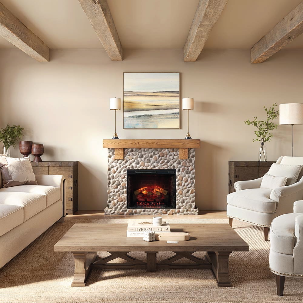 Country Living Glenbrook 55"W x 43"H x 16"D Electric Fireplace with Mantel Surround - River Rock