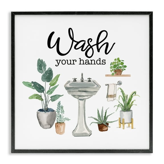 Stupell Industries Hygiene Phrase with Plants Bath & Laundry Painting Black Framed Art Print Wall Art, 12 x 12