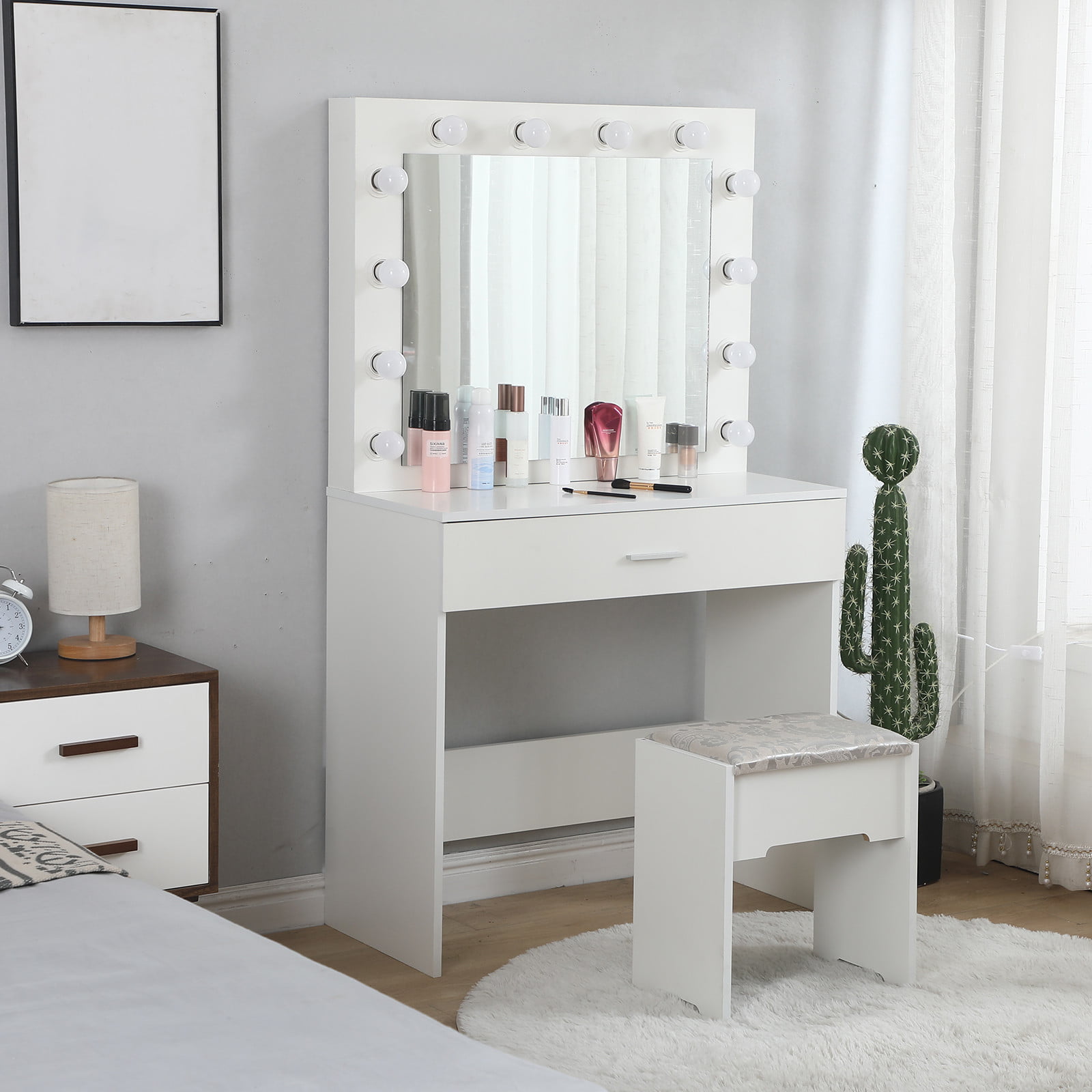 SUNYUAN Vanity Set with Lighted Mirror, Makeup Dressing Table with 12 ...