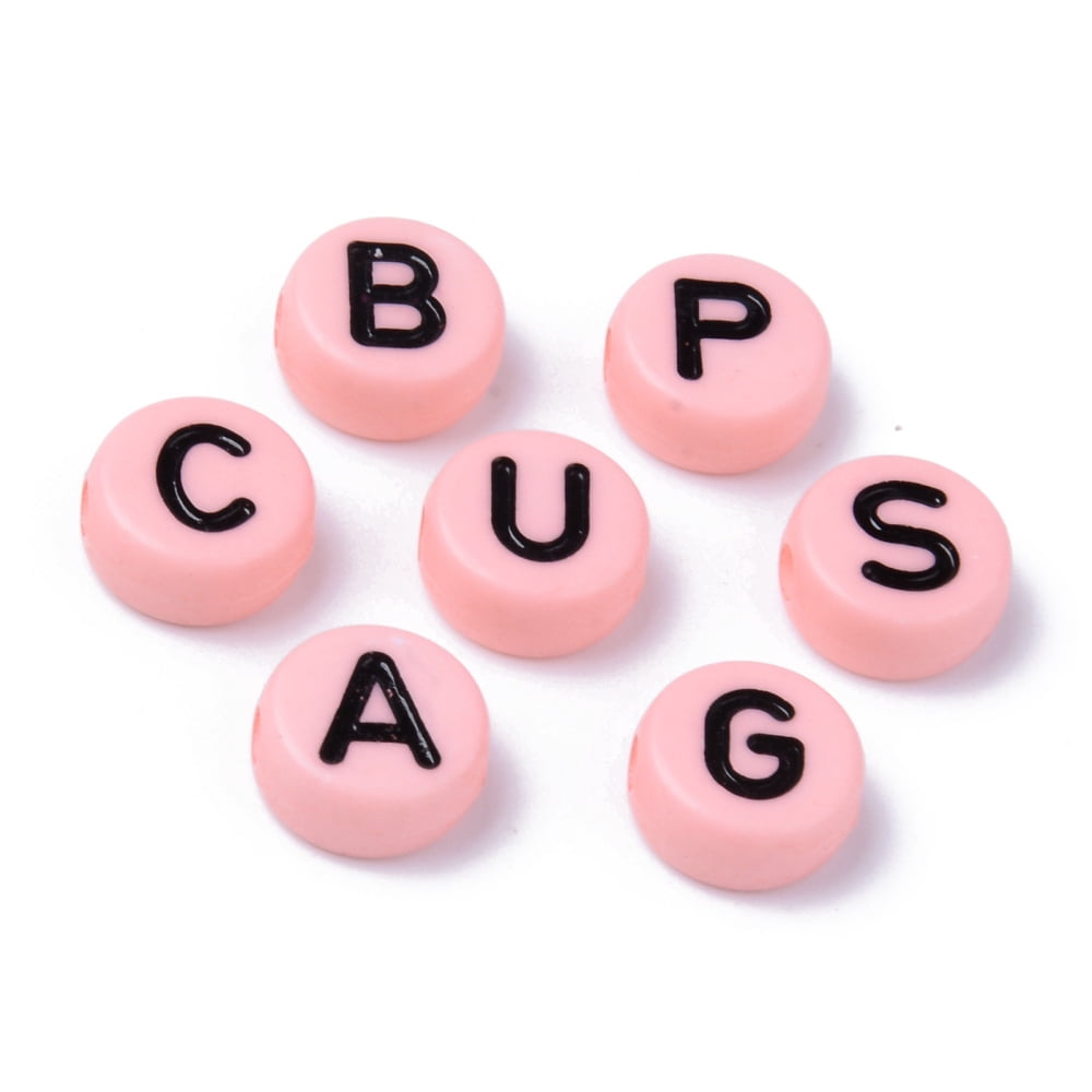 Opaque Acrylic Beads Horizontal Hole Flat Round with Black Random Letters Pink 10x4.5mm Hole: 2mm about 1600pcs/500g Acrylic