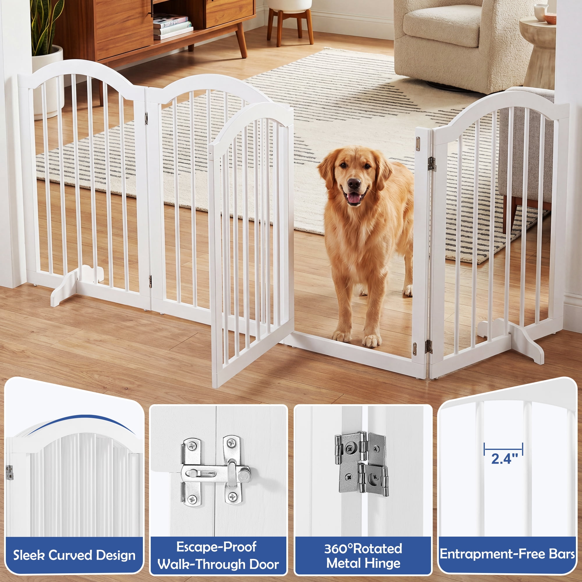 TrumanPick 30" H Extra Tall Dog Gates for Doorways, 4-Panel Foldable Pet Gate, 2 Support Feet Dog Fence for Stairs 95"L, White