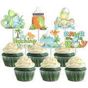 JOYMEMO 36 Pcs Dinosaur Baby Shower Cupcake Toppers - Hatching Soon Dinosaur Baby Shower Decorations, Double Sided Paper Rawr Its A Boy Baby Shower Cake Decor for Pregnancy Celebration Newborn Party