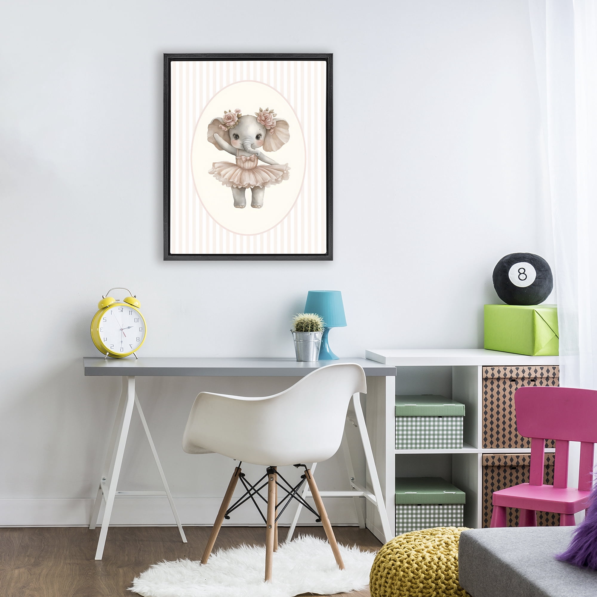 Stupell Industries Nursery Ballerina Elephant Striped Black Framed Floater Canvas Wall Art, design by LSR Design Studio