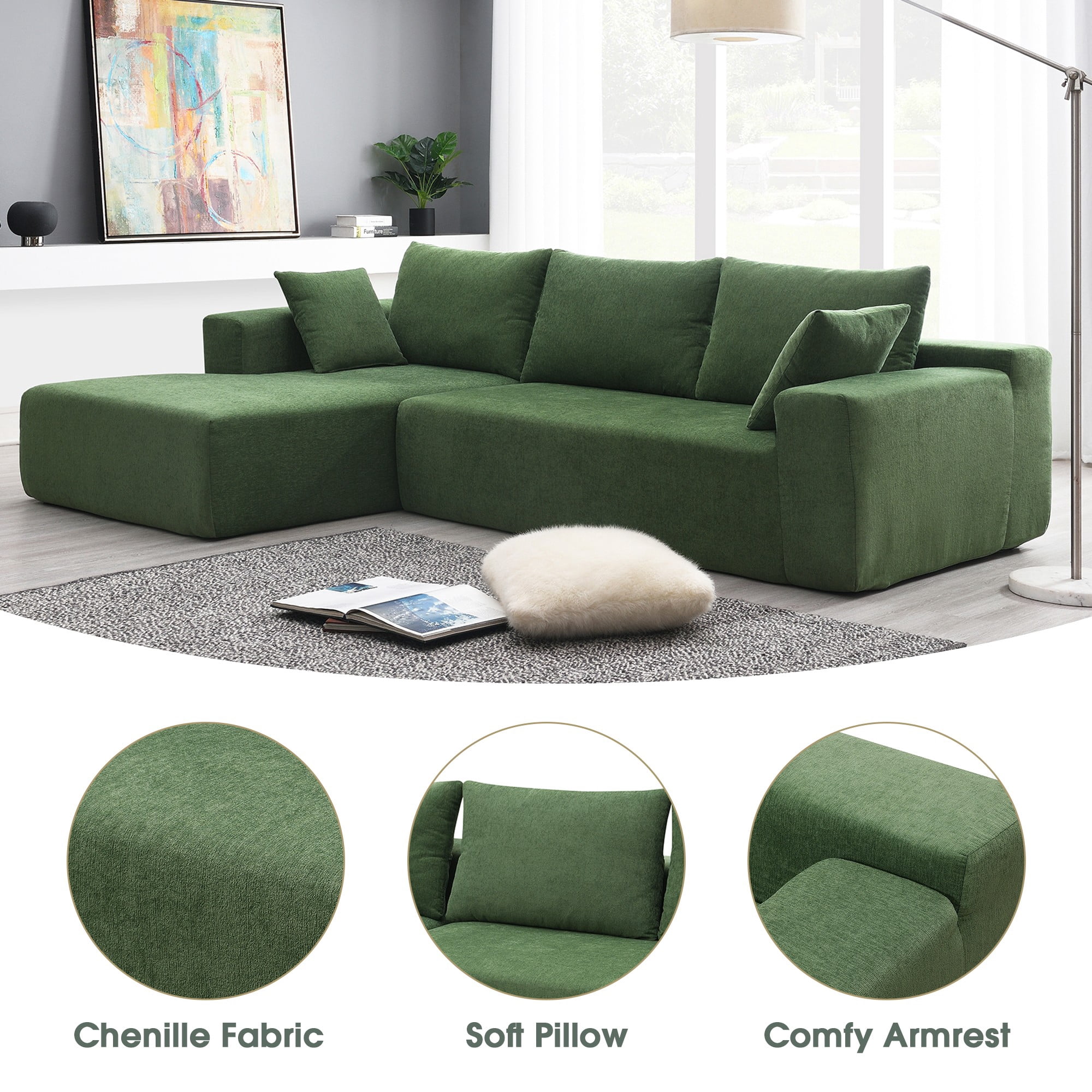 109" L-Shape Modular Sectional Sofa,Upholstered Compressed Sofa for Living Room, Bedroom,Green