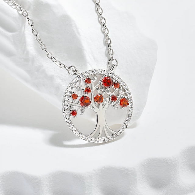 Zhuge Collar con colgante de árbol de la vida para hombres y mujeres, collar con árbol de la vida natural hueco con diamantes de agua (rojo)