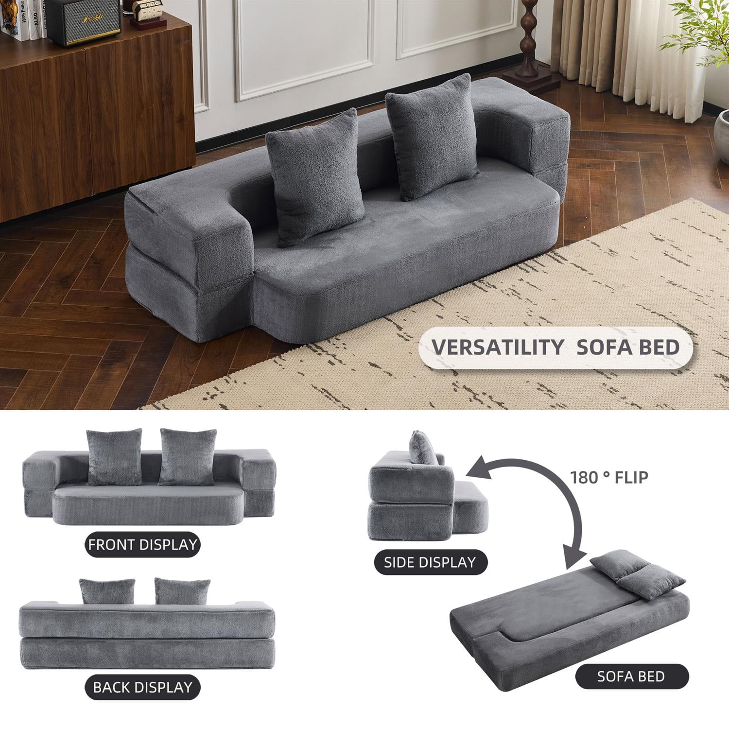 Demi Bonn Versatile 3-in-1 Sectional Sofa with Ottomans, Cozy Foam Fold-Out Bed, Space-Saving Chenille Lounger for Small Apartments & Home Offices, Gray