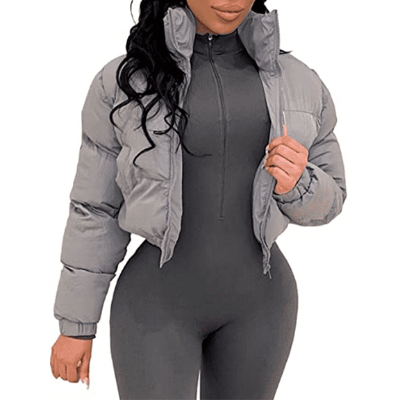 Akmipoem Women Cropped Zip up Puffer Jacket Winter Lightweight Down Jacket Quilted Padded Coat