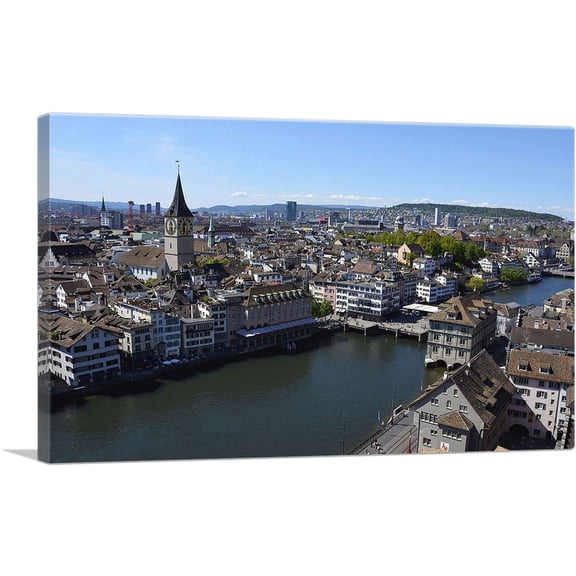 ARTCANVAS Zurich Switzerland Canal Skyline Canvas Art Print - Size: 40" x 26" (1.50" Deep)