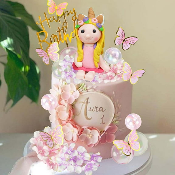 Unicorn Cake Topper, Unicorn Cake Topper For Girls With Artificial Flower Ball Butterfly Happy Birthday Cake Decorations for Girls Unicorn Party Cake Decorations