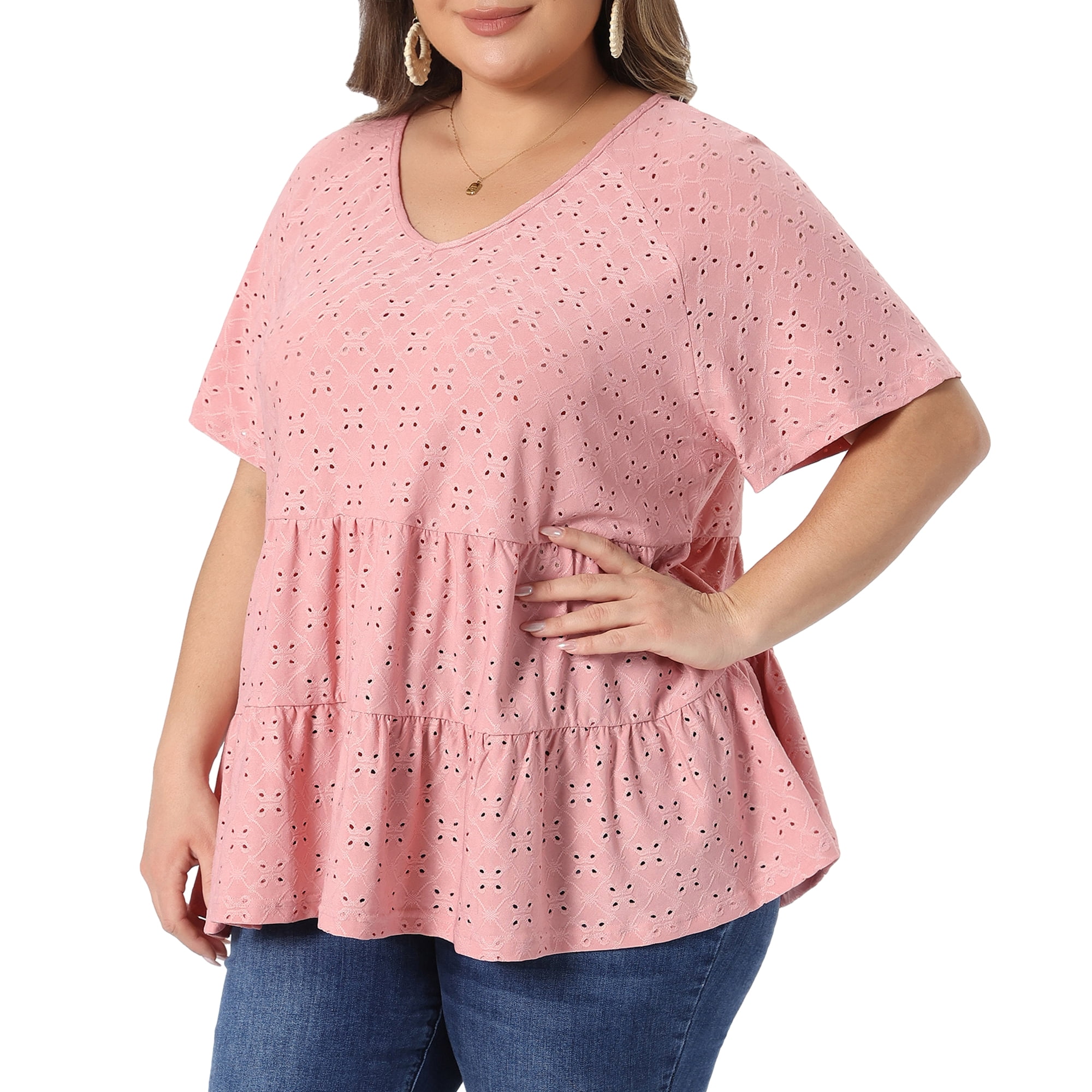 DARING DIVA Women's Plus Summer V Neck Casual Babydoll Blouse 2X Pink