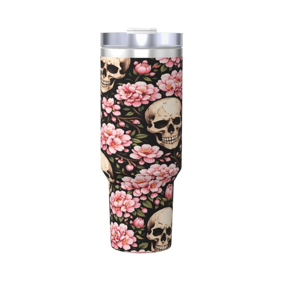 Floral Skull Art Cup Insulated Tumbler Stainless Steel Vacuum Travel Mug 40 oz with Handle and Straw Lid