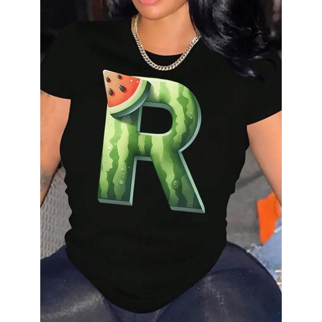 Camiseta De Mujer Activewear Tops Simples De Verano Para Viajes De Mochilero1pc Watermelon Stripe Letter R Print T-Shirt, Women'S Fashion Casual Crew Neck Short Sleeve Tee, Polyester Knit Fabric, Me