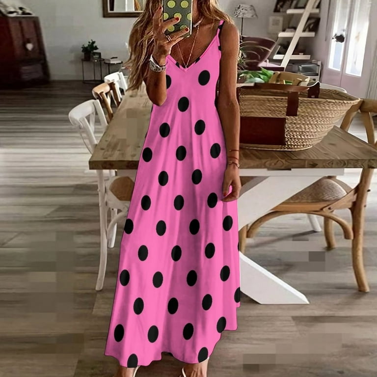 pink polka dot bridesmaid dresses Pink Polka Dot Liquid Jersey Maxi Dress – Rare London main image 1