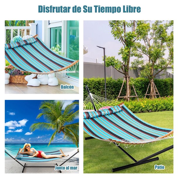 Hamaca Acolchada Outsunny Portátil Con Almohada Desmontable, Barras De Madera Curvadas, Capacidad 200 Kg, 325x140 Cm, Color Crema