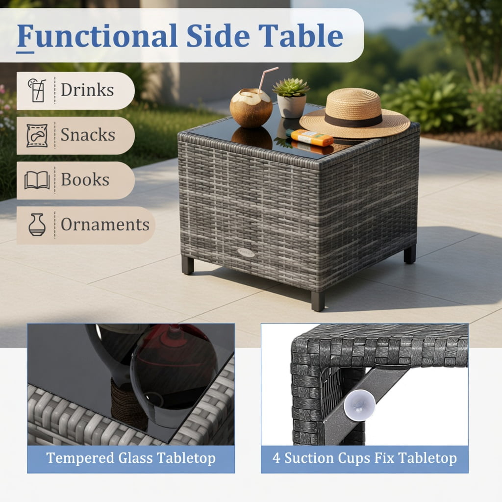 Hommoo 3-Piece Modern Outdoor Wicker Conversation Set, PE Rattan Sofa & Coffee Table with Tempered Glass Top, Weather-Resistant Cushions, Gray