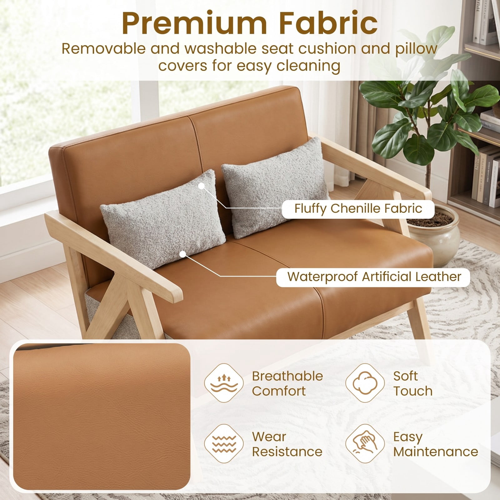 Furnibear Loveseat Sofa for Small Spaces, Modern 2-Seater Upholstered Chenille & Faux Leather Couch with 2 Throw Pillows, Rubber Wood Frame, Pocket Spring, Brown
