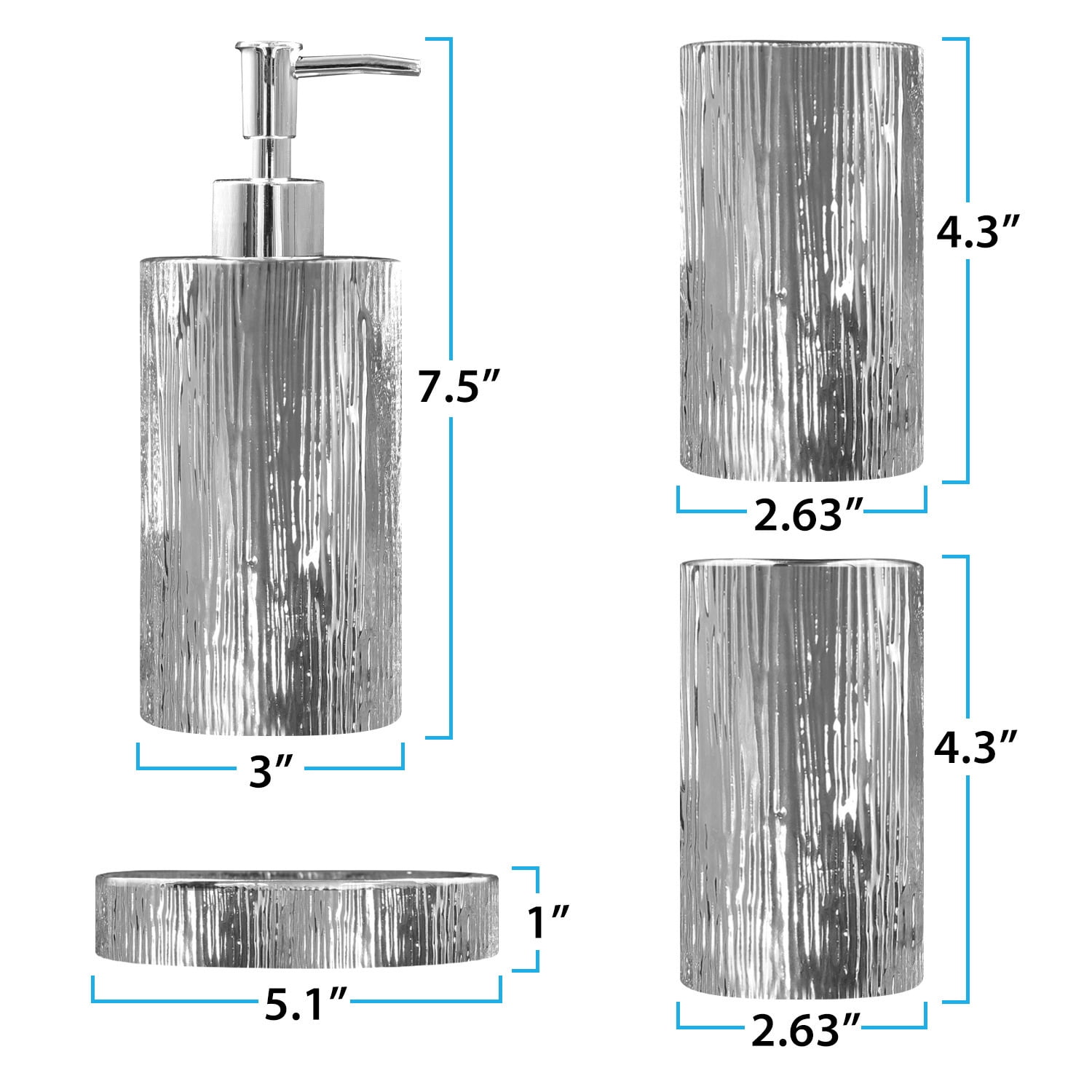 Bathroom Accessories Set, Toothbrush Holder, Soap Dispenser, Silver, Ceramic, 4 Piece
