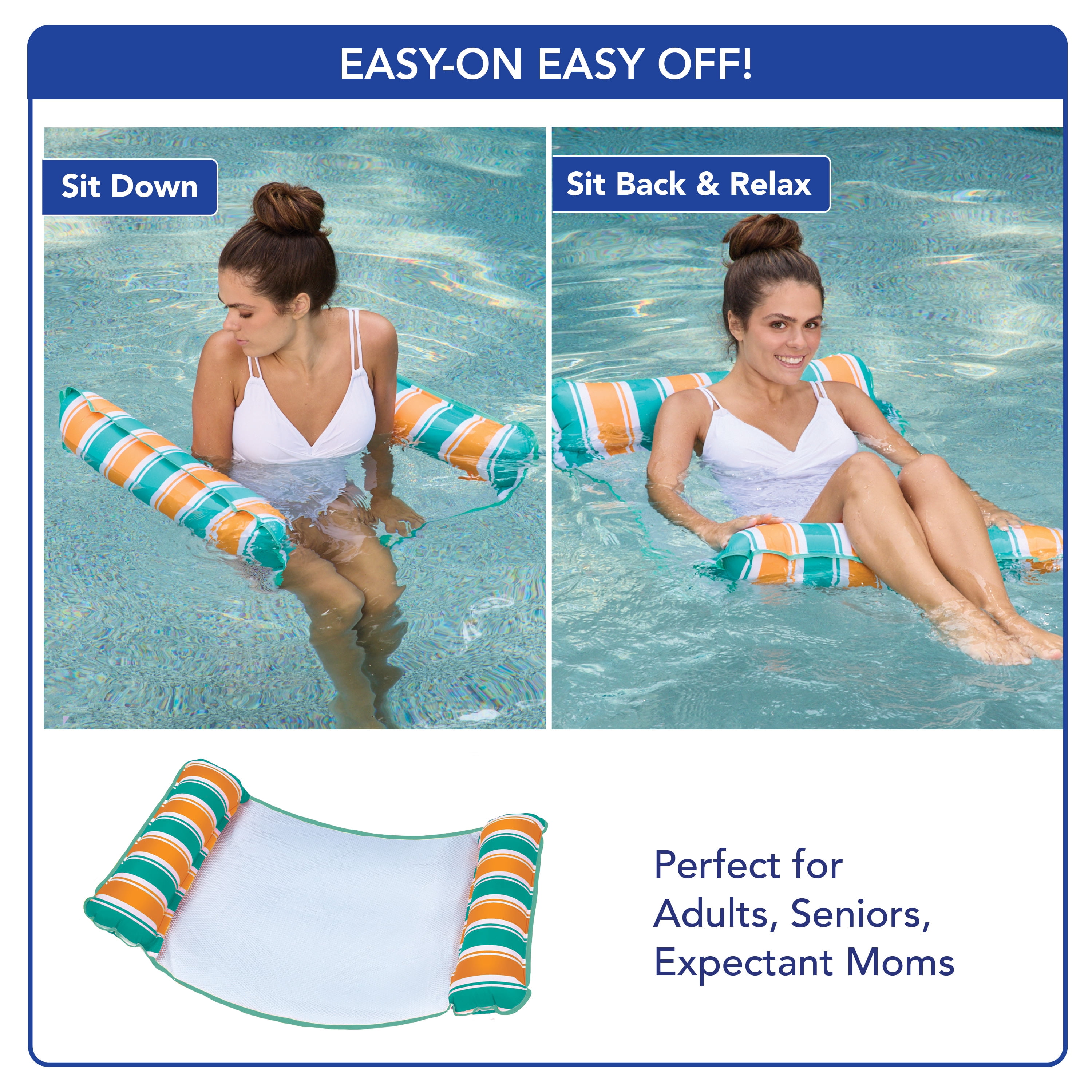 (3 pack) Aqua-Leisure 4-in-1 Monterey Hammock Pool Float, Teal/Orange Stripe, 250 lb Capacity