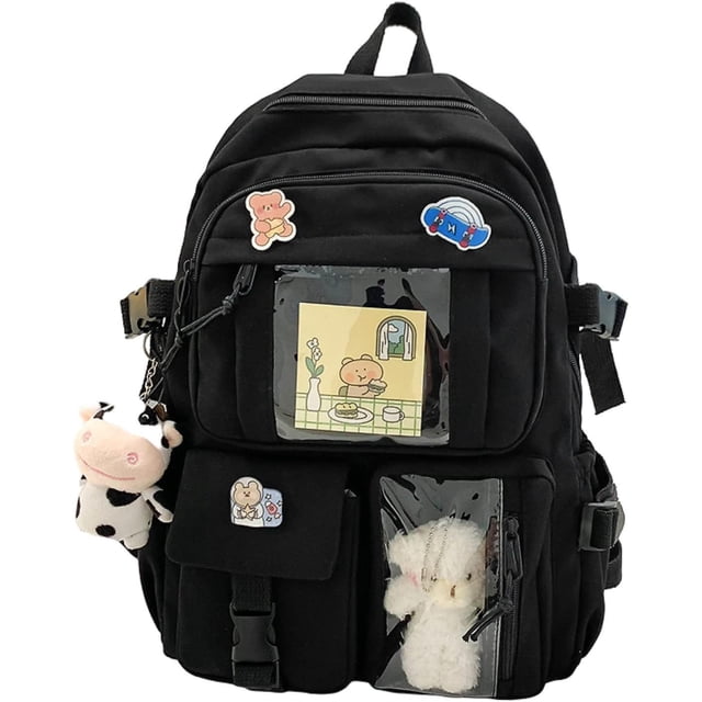 Mochila Kawaii con pin Kawaii y accesorios Mochila Mochila estética linda Mochila Kawaii linda para la escuela (negro)