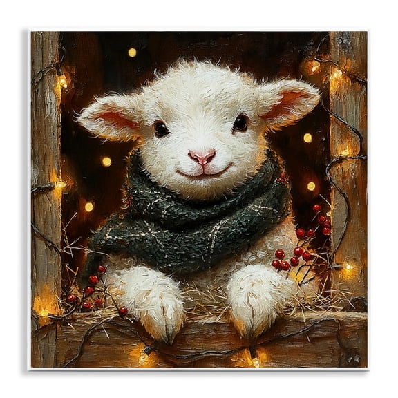 Stupell Industries Festive Lamb with Holiday Lights Animals Painting Unframed Art Print Wall Art, 12 x 12