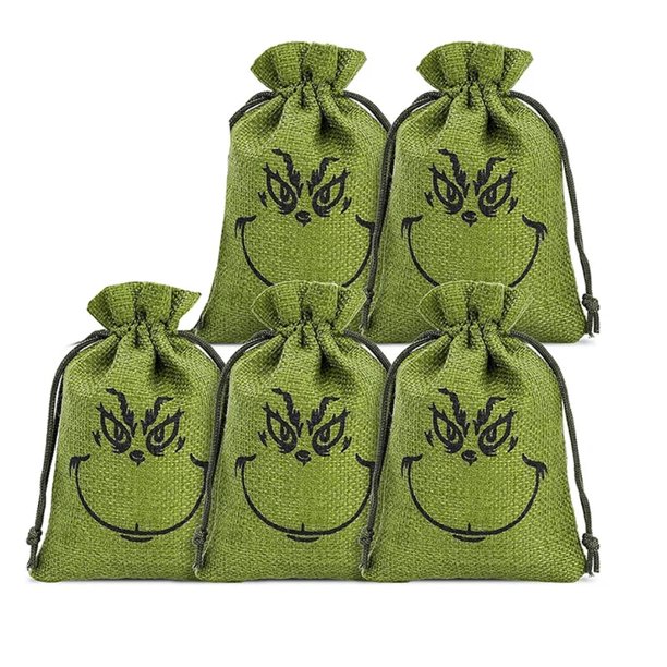 5pcs Green Cartoon Character Christmas gift bags Santa Claus sack Merry Xmas eve party New Year Holiday kid boy girl present