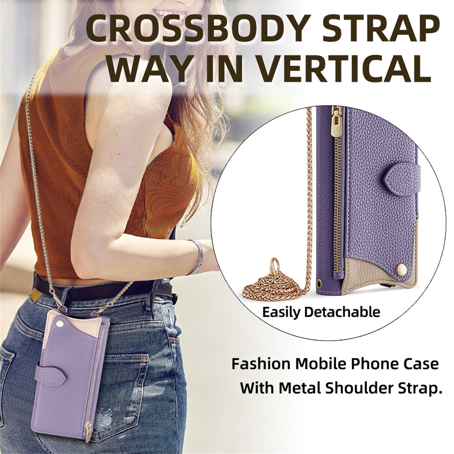 Allytechgroup Flip Wallet Phone Case for Motorola Edge (2025) with Credit Card Slot, Shoulder Strap PU Leather Zipper Wallet Phone Case Shockproof Full Body Cover Rugged for Women Girls, Purple