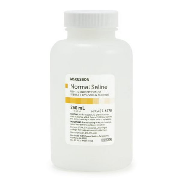 Mckesson Normal Saline Usp Sterile Irrigation Solution Sodium Chloride 0 9 Solution Bottle Screw Top 250 Ml Walmart Com
