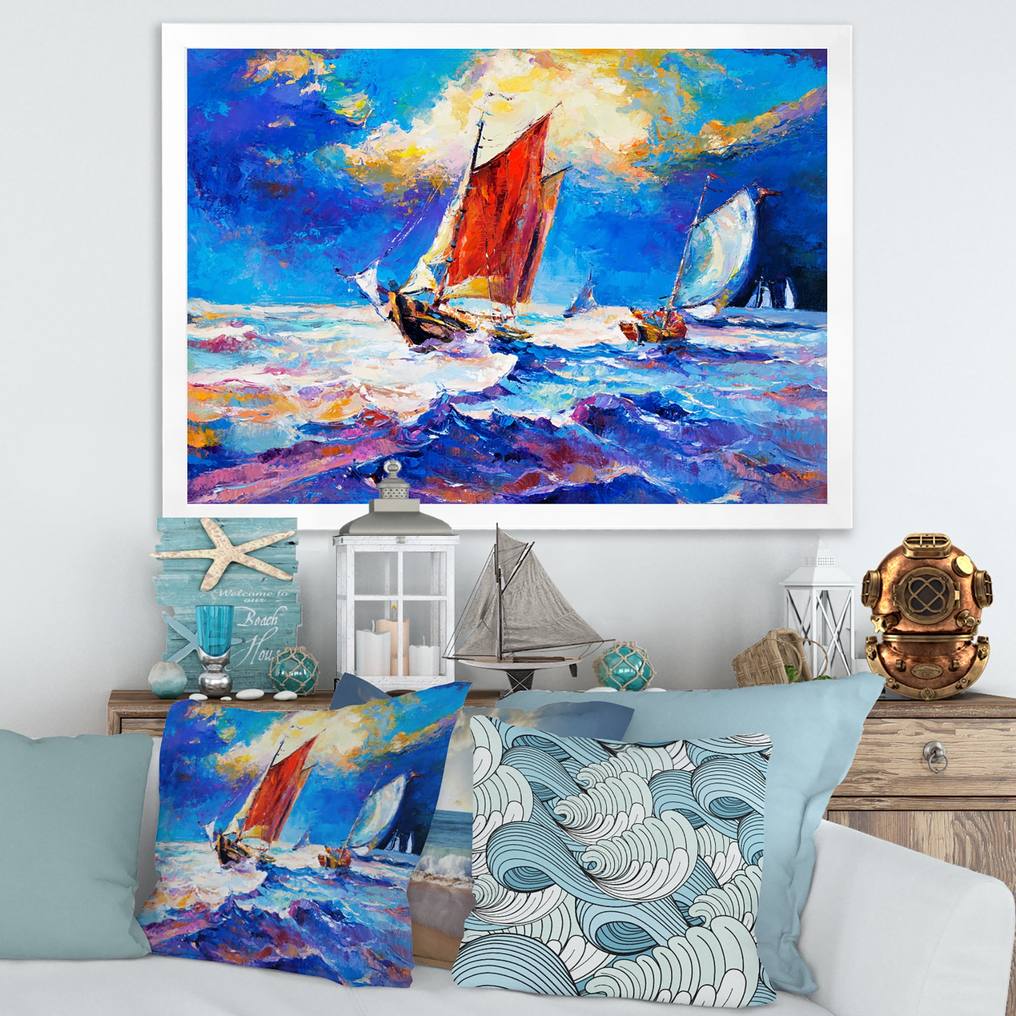 Designart 'Sailships On The Ocean Waves During Evening' Nautical & Coastal Framed Art Print