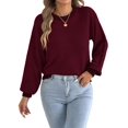 thumbnail image 2 of Women Casual Knit Crew Neck Contrast Striped Lantern Long Sleeve Loose Knit Pullover Sweater Wine Red XL, 2 of 9