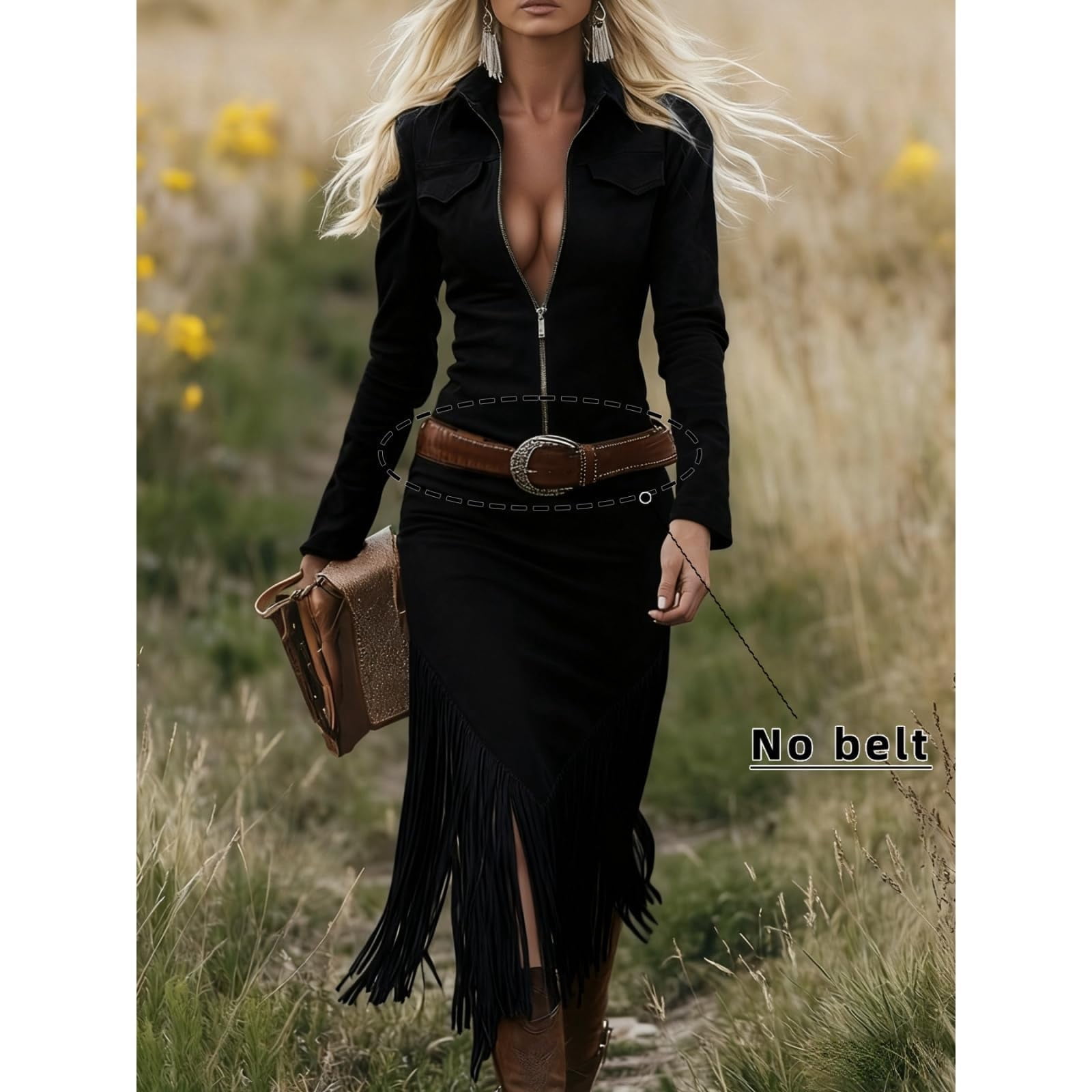 Women's Western Cowgirl Suede Dress Vintage Long Sleeve Slim Fit Fringe Dress Zip Collared Vacation Outfits without Belt