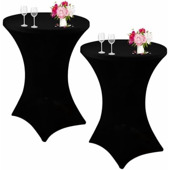 2 Pack Cocktail Spandex Tablecloth 32"x43" Cocktail Table Cover Fitted for High Top Round Table for Bar Wedding Birthday Party Banquet (Black)