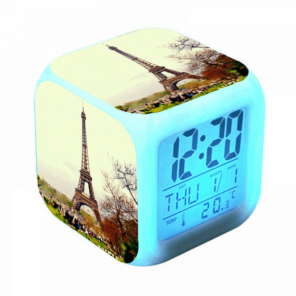 YIXINGCHEN Digital Alarm Clock for Kids, Cartoon Eiffel Tower Pattern 7 LED Color Changing Wake Up Clock with Thermometer Function and Night Light, Gift for Boys Girls A93-527 XCNZ#1661
