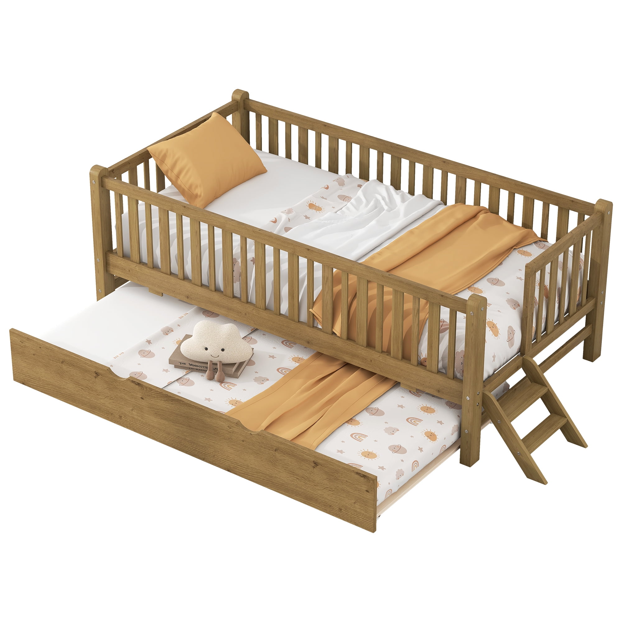 Euroco Wood Twin Size Platform Bed with Trundle, Guardrail Bed for Kids Teens Toddler, Walnut