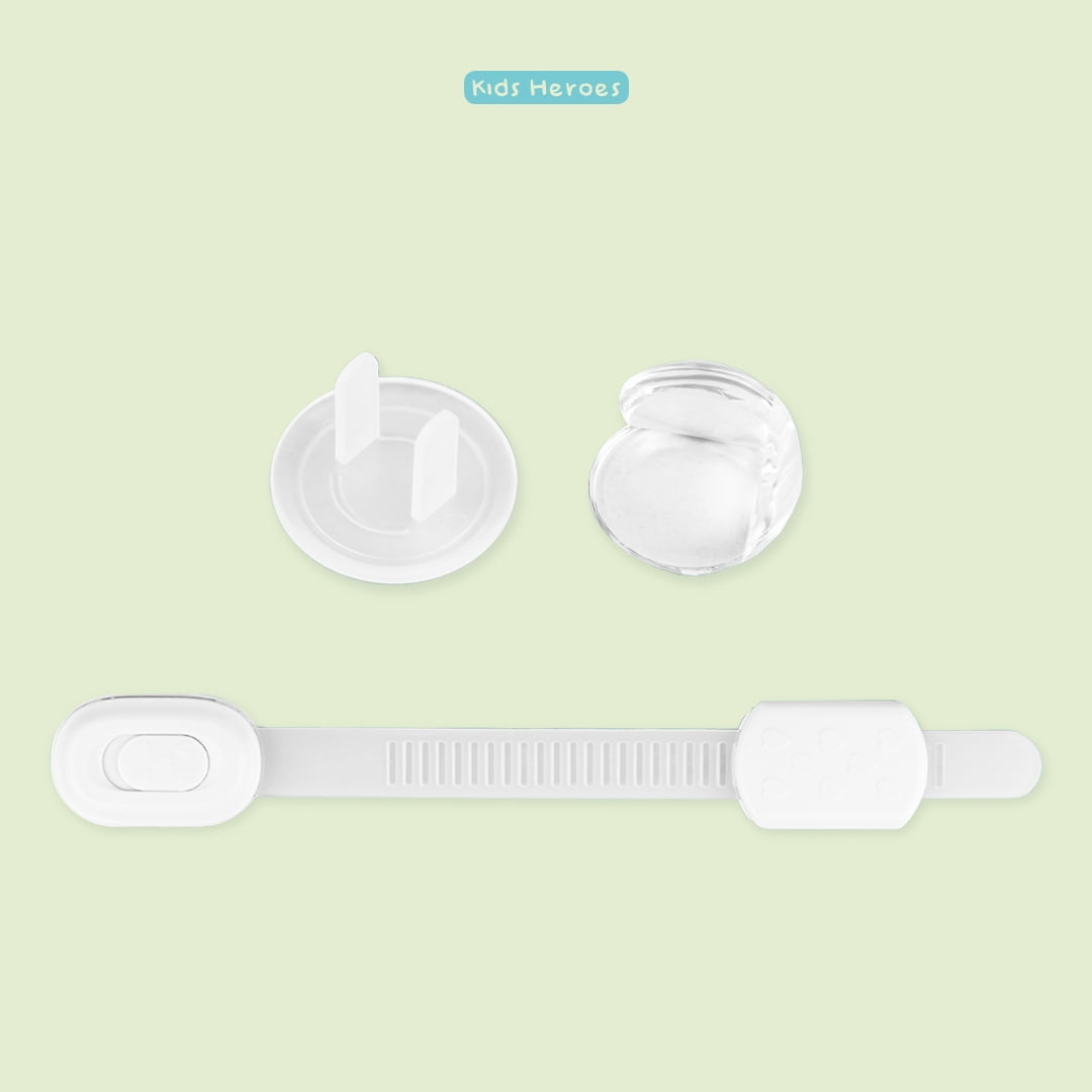 Kids Heroes Safety Kit for Babies and Toddlers with 10 Transparent Corner Protectors, 10 Outlet Safety Covers, and 4 Drawer Locks (24 Pieces)