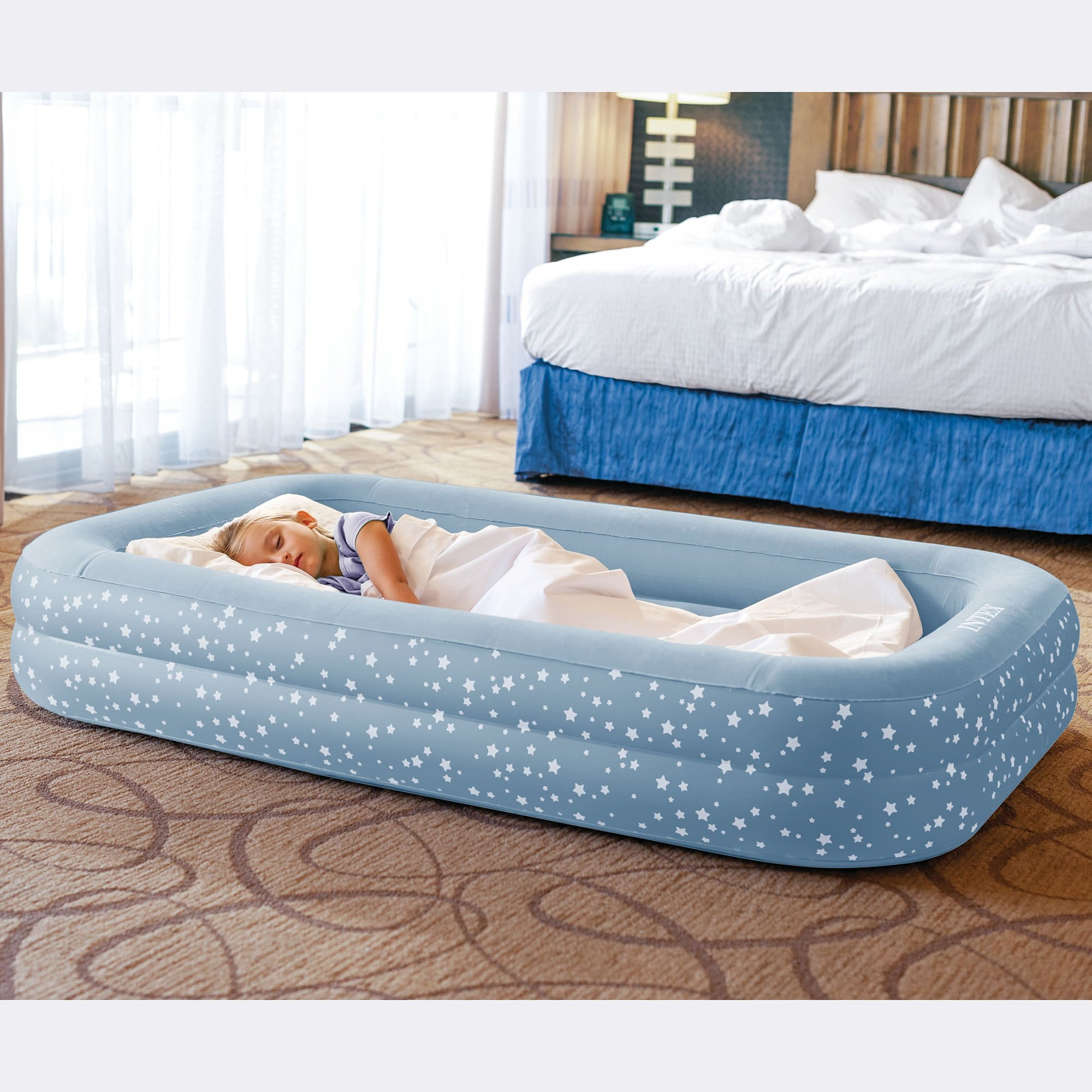 Intex: Kidz Travel Bed Set - Blue & White Stars - Inflatable Air Mattress, Raised Sides, 42 x 66 x 10", Hand Pump & Carry Bag, 50lb Limit, Kid Age 3+
