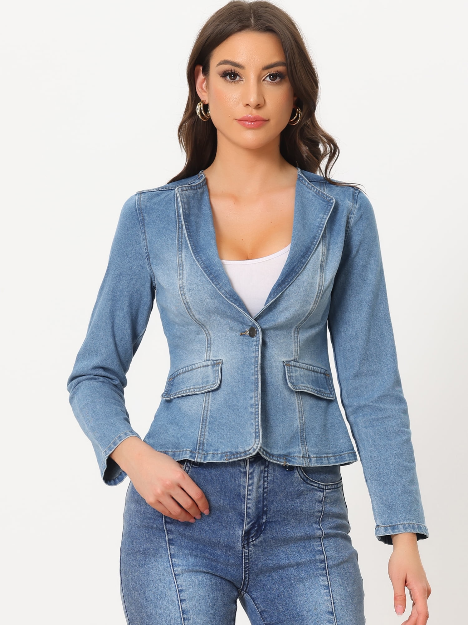 DARING DIVA Women's Lapel Collar Jean Jacket One Button Work Denim Blazer XL Light Blue